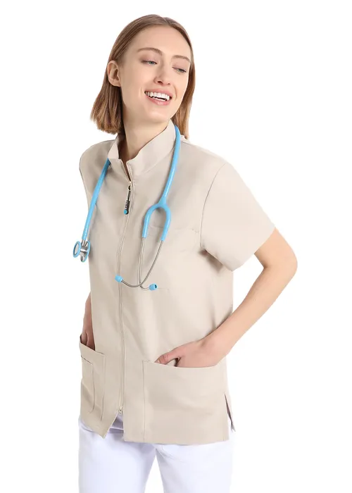 Unisex scrub top with zip (Beige) – medical-uniforms product available from Barmaan Dental South Africa