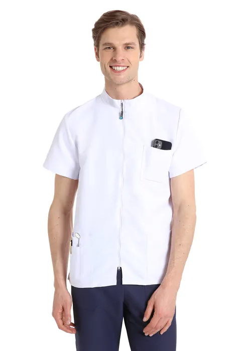 Unisex scrub top with zip (White) – medical-uniforms product available from Barmaan Dental South Africa